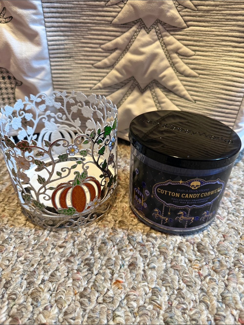 Bath and Body Works Cotton Candy Cobwebs Scented Candle and Pumpkin 3Wick Holder